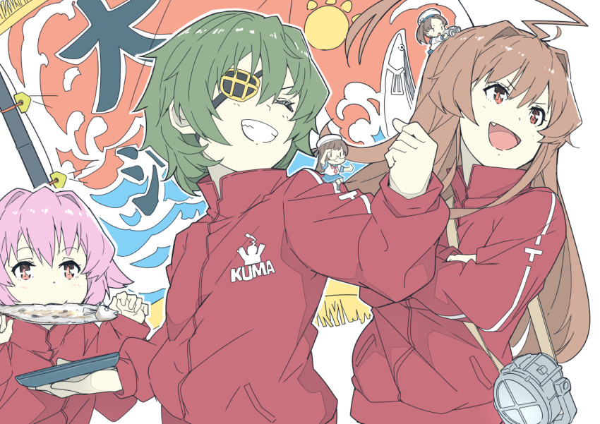 5girls ahoge alternate_costume brown_eyes brown_hair eyepatch fairy_(kancolle) fang fish flag green_hair huge_ahoge jacket kantai_collection kiso_(kancolle) kiso_(kantai_collection) kiso_kai_ni_(kancolle) kuma_(kancolle) kuma_(kantai_collection) long_hair mouth_hold multiple_girls ninimo_nimo official_alternate_costume pink_hair red_eyes red_jacket safe saury short_hair simple_background smile tama_(kancolle) tama_(kantai_collection) track_jacket upper_body white_background