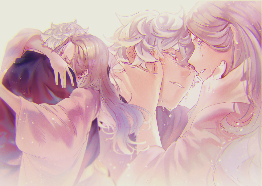 1boy 1girl absurdres black_robe crying curly_hair facing_another forehead-to-forehead gabimaru happy heads_together highres himari_(_h_i8) holding_another's_head hug japanese_clothes jigokuraku kimono long_hair robe safe short_hair simple_background tears white_background white_hair white_theme yui_(jigokuraku)