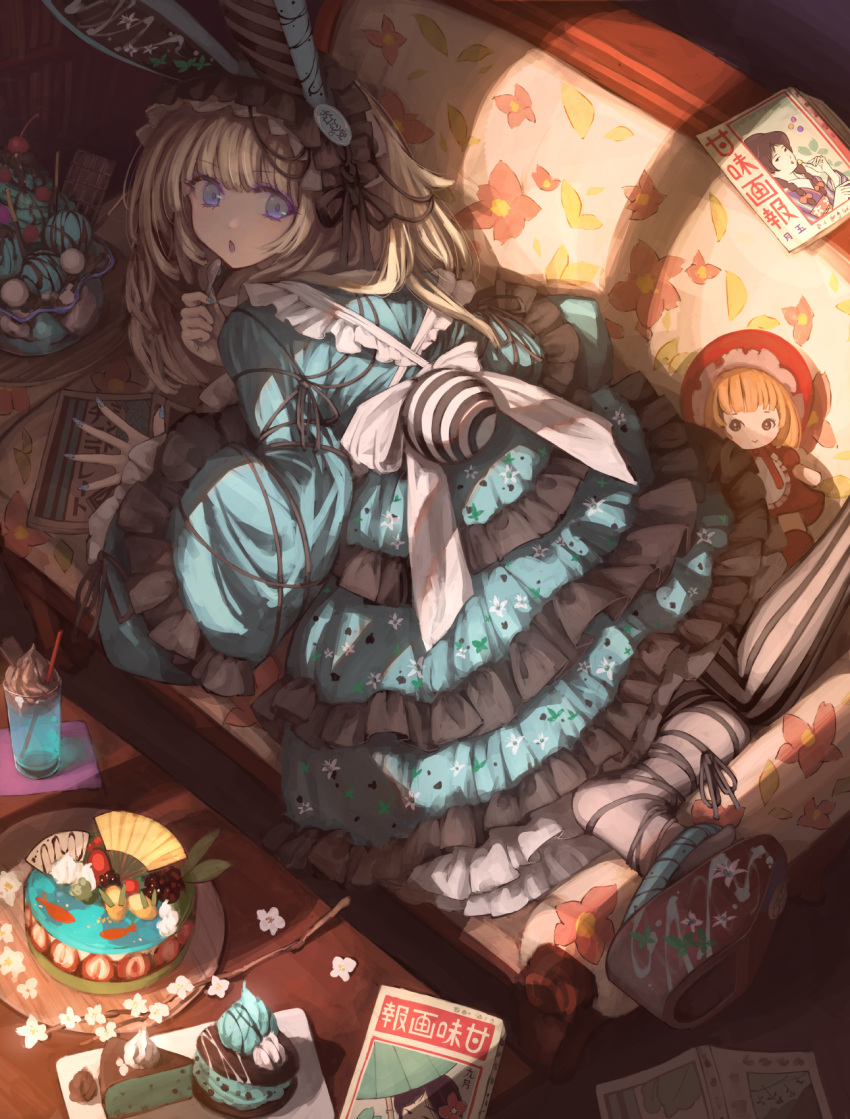 1girl animal_ears blonde_hair blue_eyes blue_nails bottle bow cake card couch dress european_clothes fake_animal_ears food frilled_dress frills hairband hat headdress highres indoors lolita_fashion lolita_hairband long_hair looking_at_viewer looking_back magazine_(object) mushroom on_couch open_mouth original osobachan pantyhose platform_footwear ribbon safe sitting solo striped striped_thighhighs stuffed_toy thigh-highs