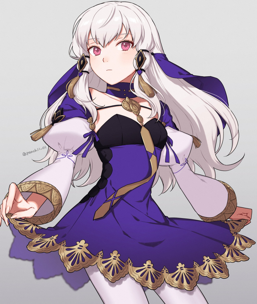 1girl brooch choker clothes_lift collarbone dress fingernails fire_emblem fire_emblem:_three_houses frown gold_trim hair_ornament hair_tie highres jewelry long_hair looking_at_viewer lysithea_von_ordelia pantyhose peach11_01 puffy_sleeves purple_dress red_eyes skirt skirt_lift solo tassel tassel_hair_ornament watermark white_hair white_sleeves