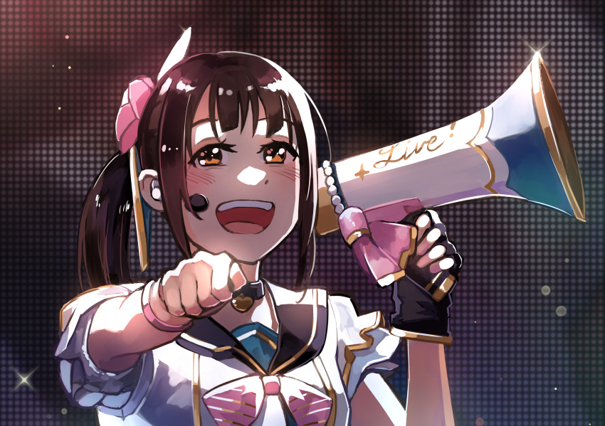 1girl bangs blush brown_hair commentary_request english_commentary fingerless_gloves gloves highres holding holding_megaphone kusunoki_tomori like_it!_love_it! looking_at_viewer love_live! love_live!_nijigasaki_high_school_idol_club medium_hair megaphone myonmukyuu orange_eyes partial_commentary real_life side_ponytail sidelocks single_glove solo upper_body voice_actor voice_actor_connection yuuki_setsuna_(love_live!)