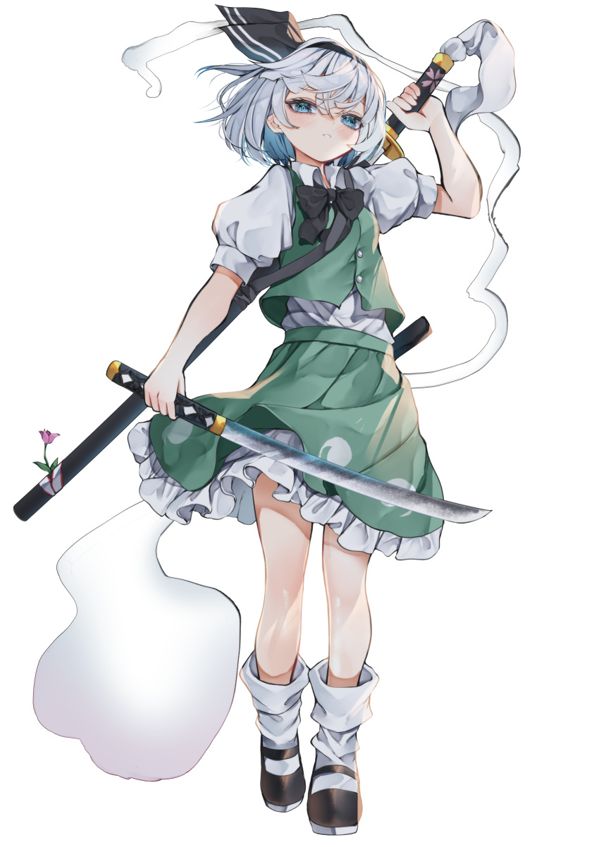 1girl black_footwear black_hairband black_ribbon blue_eyes blush buttons collared_shirt frilled_skirt frills full_body green_skirt green_vest hair_between_eyes hair_ribbon hairband highres hitodama holding holding_sword holding_weapon katana konpaku_youmu konpaku_youmu_(ghost) open_mouth puffy_short_sleeves puffy_sleeves ribbon shirt shoes short_hair short_sleeves simple_background skirt socks solo sword touhou tsune_(tune) vest weapon white_background white_hair white_shirt white_socks