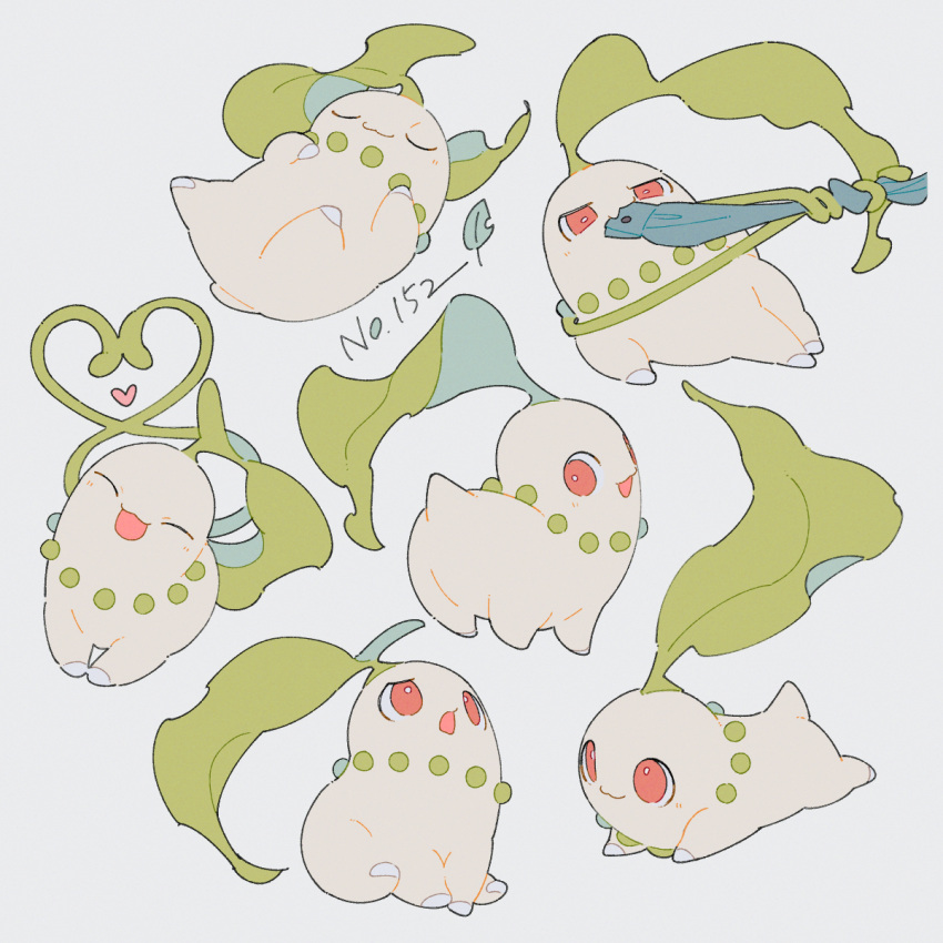 :3 bright_pupils chikorita closed_eyes closed_mouth facing_viewer heart highres leaf looking_back lying mouth_hold multiple_views no_humans oharu-chan on_back plant pokedex_number pokemon pokemon_(creature) red_eyes smile vines white_pupils