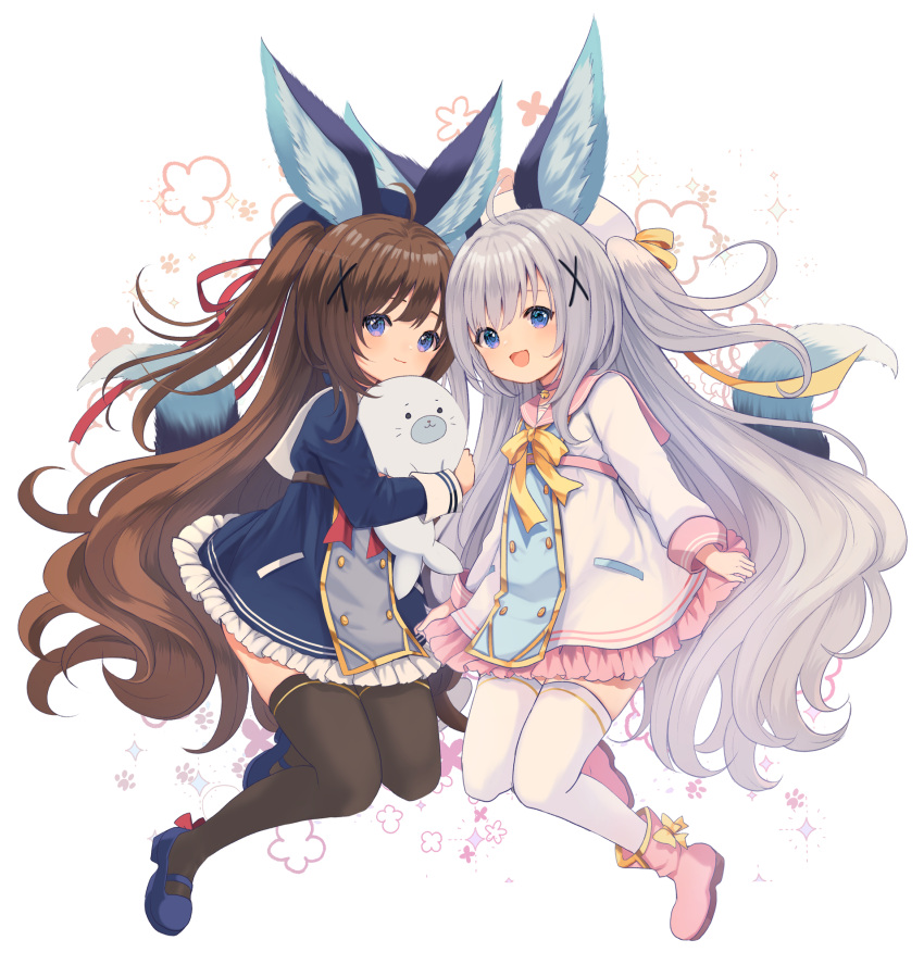 2girls animal_ear_fluff animal_ears black_headwear black_thighhighs blue_dress blue_eyes blue_footwear blue_sleeves boots brown_hair child commission dress face-to-face female_child fox_ears fox_girl fox_tail grey_hair hair_ornament hairclip hat highres long_hair long_sleeves looking_at_viewer marekamico mary_janes multiple_girls object_hug open_mouth original pink_dress pink_footwear pink_headwear pink_sleeves pink_thighhighs shoes short_dress skeb_commission smile stuffed_animal stuffed_toy tail thigh-highs two_side_up very_long_hair