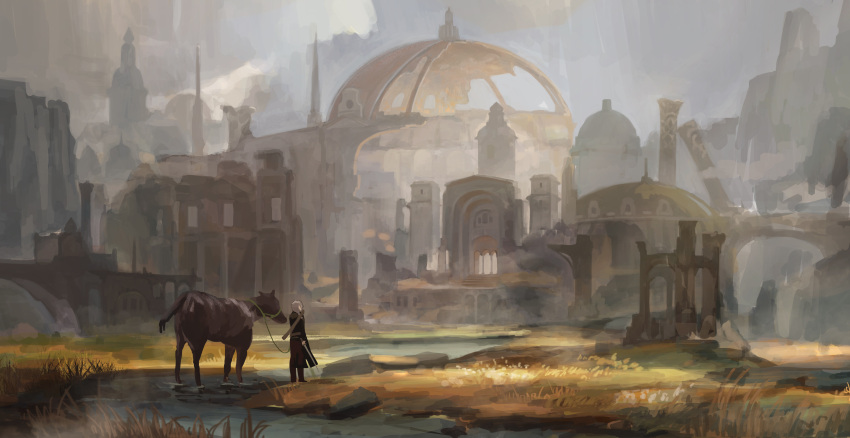 1other absurdres cityscape commentary_request day from_behind grass grey_hair highres horse noasa original river scenery standing sword weapon wide_shot