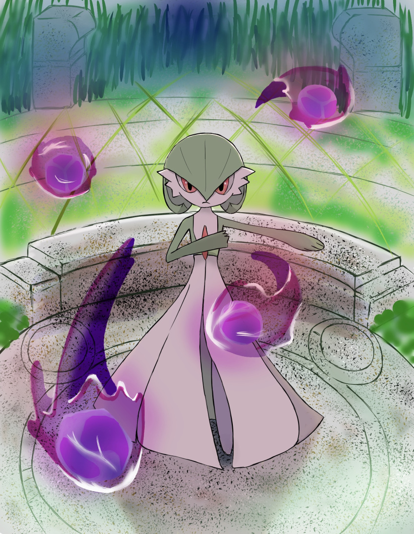 1girl arm_up aura bangs bob_cut closed_mouth colored_skin commentary_request dandy_lion_(dandy_pokemon) day flat_chest full_body gardevoir grass green_hair green_skin hair_between_eyes hand_up highres looking_at_viewer multicolored_skin no_humans outdoors outstretched_arm pokemon pokemon_(creature) pokemon_(game) pokemon_unite red_eyes short_hair sketch solo standing straight-on two-tone_skin white_skin
