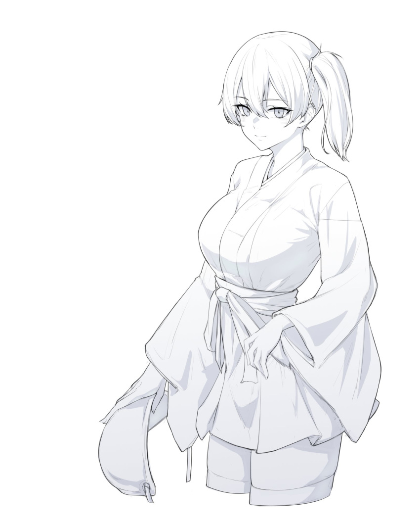 1girl breasts cropped_legs greyscale hair_between_eyes hakama hakama_short_skirt hakama_skirt highres holding_muneate japanese_clothes kaga_(kancolle) kaga_(kantai_collection) kantai_collection kukurus lineart long_hair monochrome muneate muneate_removed side_ponytail skirt solo standing tasuki thigh-highs