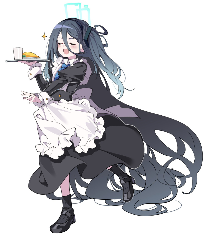 1girl absurdly_long_hair alternate_costume apron black_dress black_footwear black_hair black_socks blue_archive blue_necktie blush closed_eyes dress enmaided food frilled_apron frills full_body glass halo highres holding holding_tray juliet_sleeves long_hair long_sleeves maid manarou mary_janes necktie omelet one_side_up open_mouth puffy_sleeves running shiny_footwear shoes simple_background smile socks solo sparkle tray very_long_hair white_apron white_background wrist_cuffs