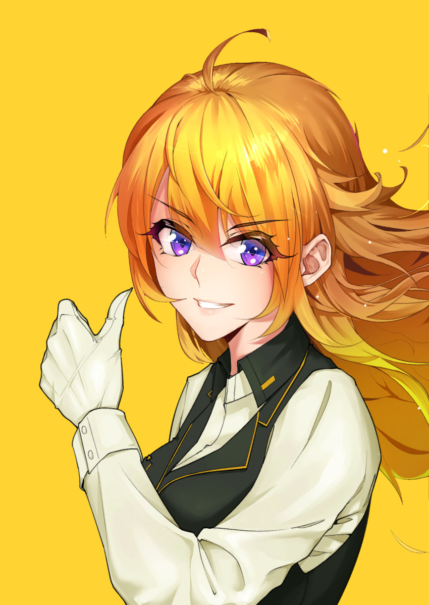 1girl ahoge bangs black_vest blonde_hair dress_shirt floating_hair gloves grin hair_between_eyes highres hsbhs long_hair long_sleeves looking_at_viewer rwby shiny shiny_hair shirt simple_background smile solo straight_hair upper_body vest violet_eyes white_gloves white_shirt yang_xiao_long yellow_background