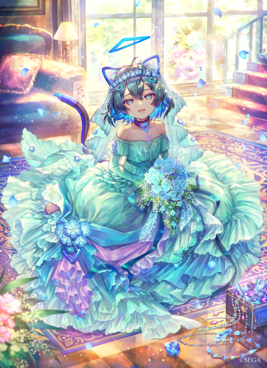 1girl ahoge animal_ears aqua_dress bare_shoulders barefoot blue_hair blue_nails bouquet bridal_veil cat_ears checkered_floor chunithm couch dark_blue_hair dress flower gem hair_ornament hairclip halo heart-shaped_gem highres holding holding_bouquet jewelry lamp looking_at_viewer mechanical_tail multicolored_hair nail_polish pillow rug shigaraki_(strobe_blue) smile solo stairs sunlight tail two-tone_hair veil wedding_dress window