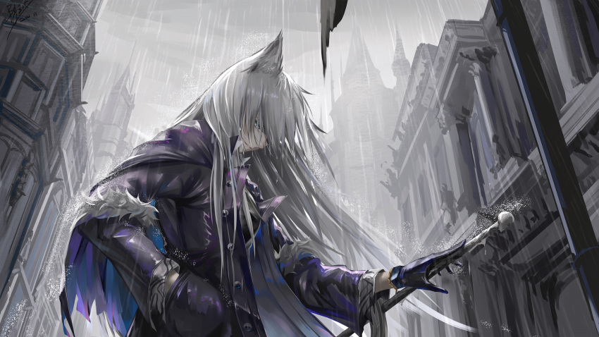 1girl animal_ears arknights bangs black_coat black_gloves building coat commentary_request gloves green_eyes grey_sky highres lappland_(arknights) long_hair long_sleeves open_clothes open_coat outdoors rain smile solo wolf_ears z_05