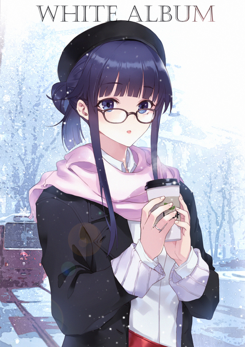 1girl absurdres bangs beret black_headwear black_jacket blazer blunt_bangs chinese_commentary collared_shirt commentary_request cup disposable_cup drink glasses ground_vehicle hat heiz highres holding holding_cup holding_drink jacket long_hair long_sleeves open_clothes open_jacket outdoors pink_scarf scarf shirt snow snowing solo touma_kazusa train upper_body white_album_2 white_shirt winter