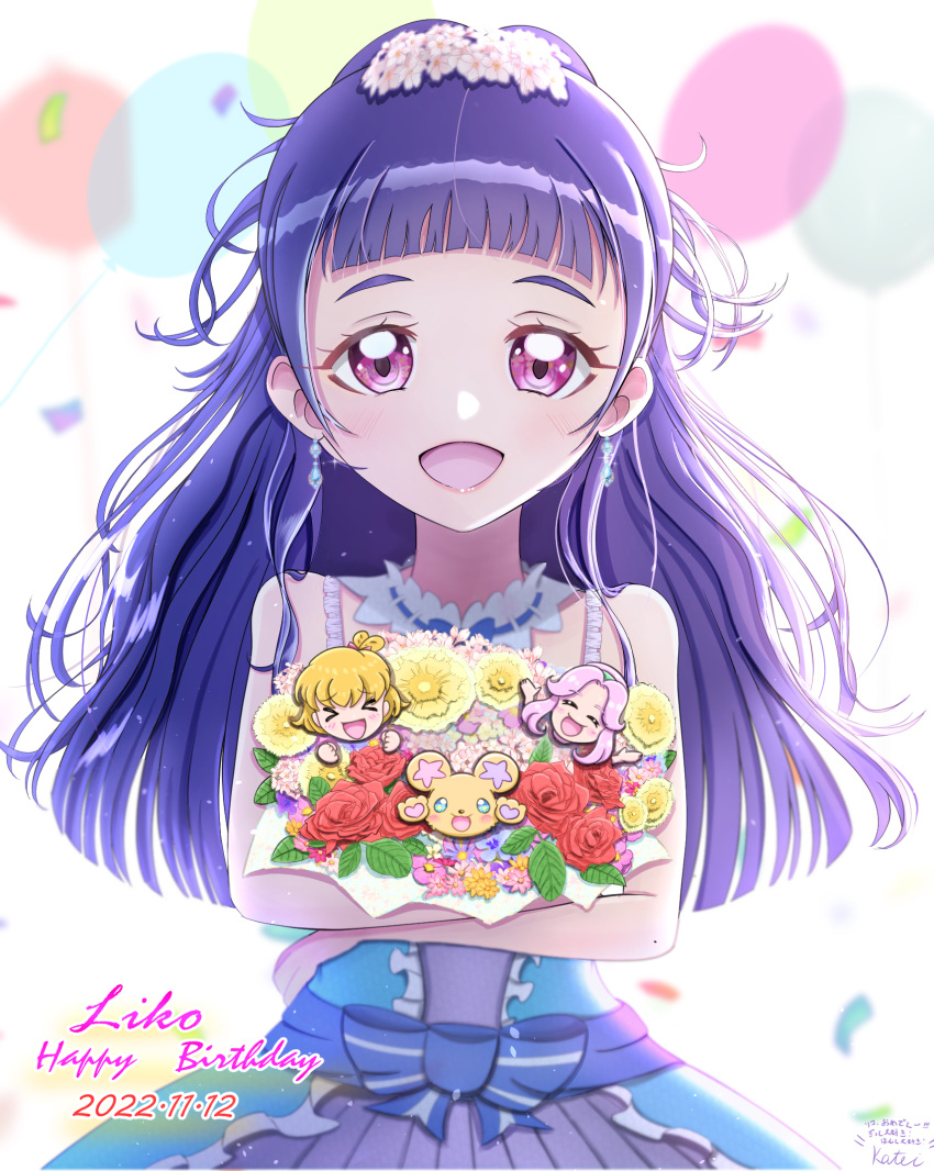 1other 3girls asahina_mirai blue_dress bouquet character_name crystal_earrings dated dress earrings flower frills hanami_kotoha happy_birthday highres izayoi_liko jewelry lips long_hair looking_at_viewer mahou_girls_precure! minigirl mofurun_(mahou_girls_precure!) multiple_girls open_mouth petals precure purple_hair smile upper_body violet_eyes white_background