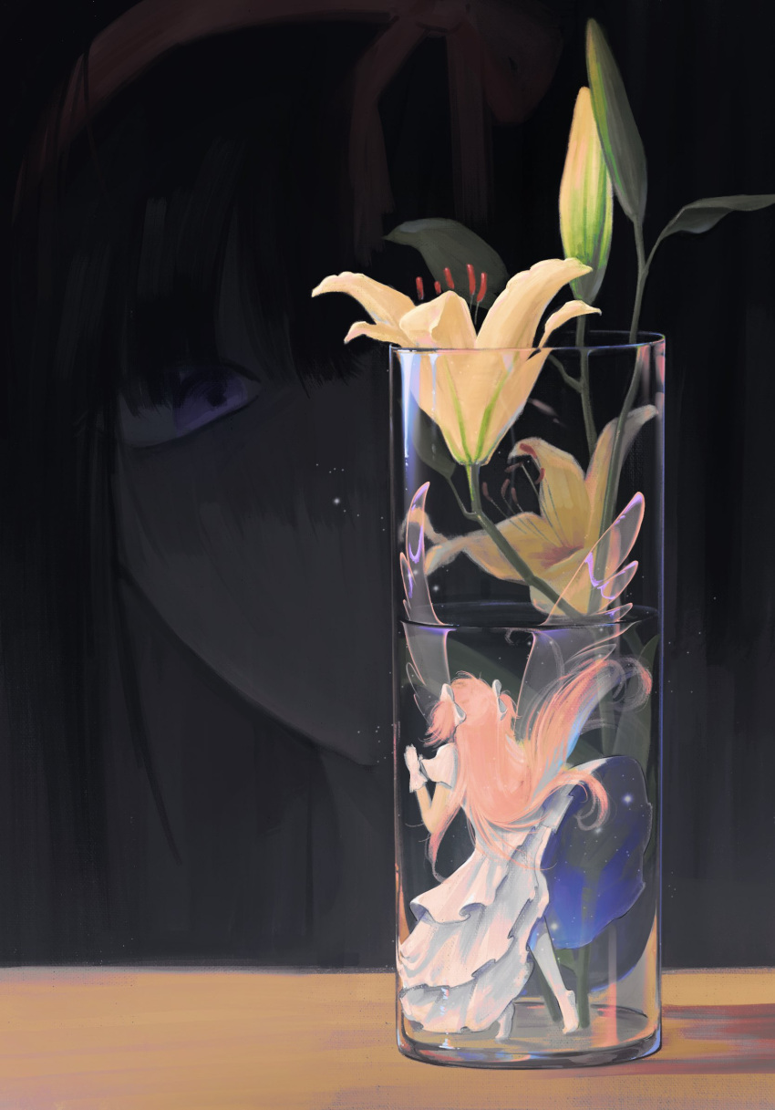 2girls akemi_homura angel_wings bangs black_hair blurry bow bud corde11a cup depth_of_field dress drinking_glass facing_away flower gloves goddess_madoka hair_bow hair_ribbon highres in_container in_cup kaname_madoka korean_commentary light_particles lily_(flower) long_hair looking_at_another mahou_shoujo_madoka_magica multiple_girls one_eye_covered pantyhose red_ribbon ribbon short_sleeves size_difference solo_focus standing submerged tiptoes transparent_wings two-sided_fabric two_side_up vase very_long_hair violet_eyes white_bow white_dress white_gloves white_pantyhose wings