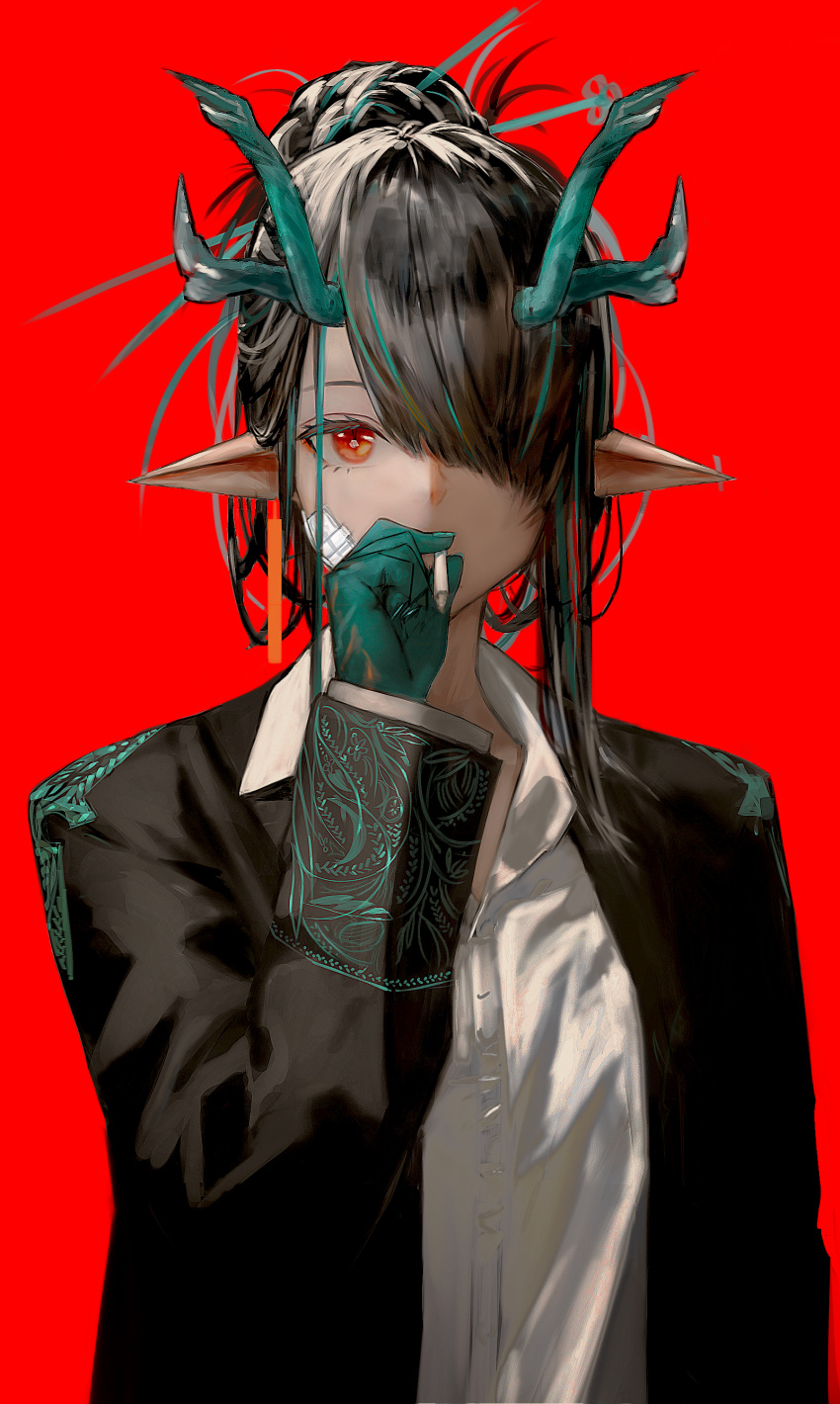1girl absurdres arknights bandage_on_face bandages black_hair black_suit collared_shirt colored_skin commentary_request dusk_(arknights) formal ganet_p green_hair green_nails green_skin hair_between_eyes hair_bun hair_over_one_eye highres horns joint_(drug) looking_at_viewer multicolored_hair multicolored_skin pointy_ears red_background red_eyes shirt simple_background single_hair_bun single_sidelock slit_pupils smoking solo suit white_shirt