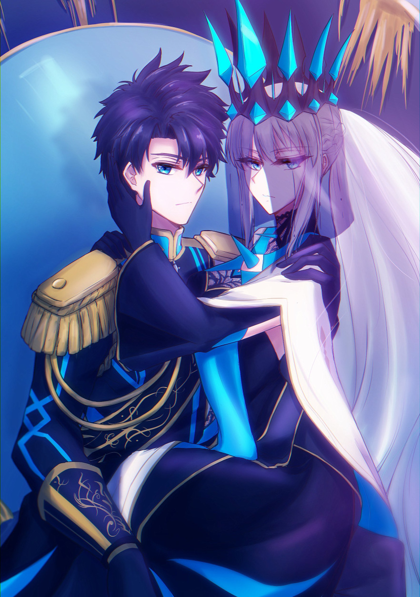 1boy 1girl absurdres aiguillette black_bow black_hair blue_eyes bow braid chair crown epaulettes fate/grand_order fate_(series) french_braid fujimaru_ritsuka_(male) hand_on_another's_cheek hand_on_another's_face highres long_hair looking_at_another looking_at_viewer morgan_le_fay_(fate) ponytail ringozuki serious short_hair sitting sitting_on_lap sitting_on_person throne two-tone_dress veil white_hair