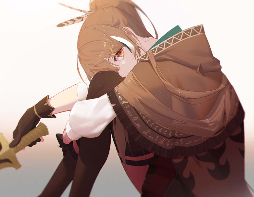 1girl ahoge asymmetrical_legwear bangs brown_capelet brown_cloak brown_eyes brown_hair cape capelet cloak dagger feather_hair_ornament feathers gloves hair_ornament hairclip hieroglyphics highres holding holding_dagger holding_weapon hololive hololive_english hugging_own_legs knee_strap kneehighs knife long_hair looking_at_viewer multicolored_hair nanashi_mumei partially_fingerless_gloves pleated_skirt ponytail red_skirt reirz ribbon shirt single_kneehigh single_sock single_thighhigh sitting skirt socks solo streaked_hair thigh-highs thigh_strap very_long_hair virtual_youtuber weapon white_shirt