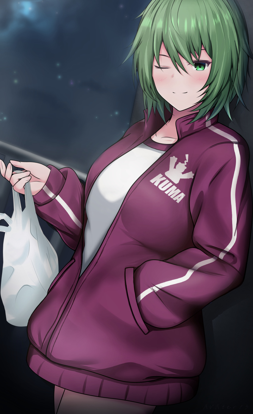 1girl abataa absurdres bag cowboy_shot green_eyes green_hair hand_in_pocket highres holding holding_bag jacket kantai_collection kiso_(kancolle) kiso_kai_ni_(kancolle) official_alternate_costume one_eye_closed plastic_bag short_hair smile solo standing track_jacket