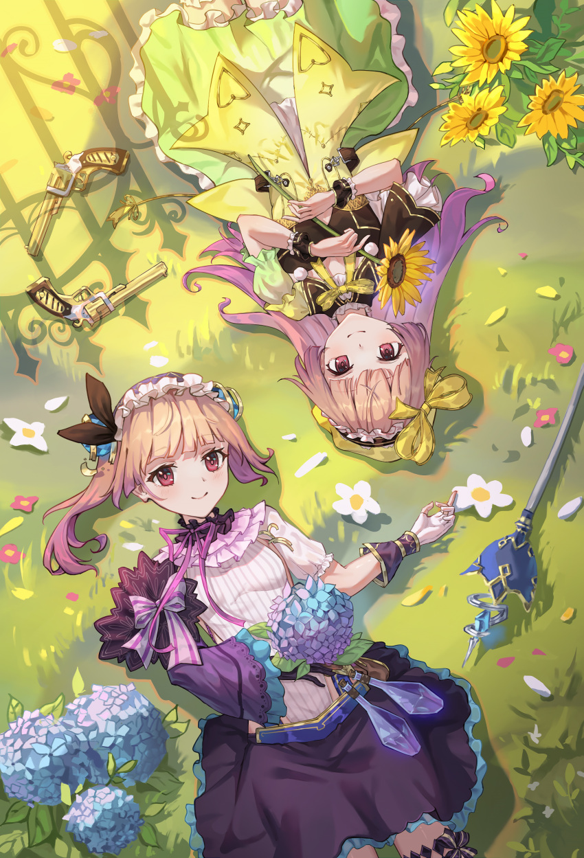 2girls absurdres al_guang atelier_(series) atelier_lydie_&amp;_suelle blush bow breasts detached_sleeves flower gloves gun hair_ornament hairband handgun highres hydrangea long_hair lydie_marlen multiple_girls open_mouth pink_eyes pink_hair short_hair siblings side_ponytail single_detached_sleeve sisters skirt small_breasts smile staff suelle_marlen sunflower thigh-highs twins weapon