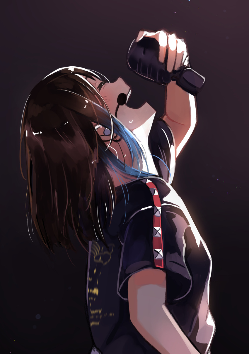 1girl absurdres blue_hair brown_hair closed_eyes commentary commentary_request dark_background from_side highres holding holding_microphone kusunoki_tomori love_live! love_live!_nijigasaki_high_school_idol_club microphone multicolored_hair myonmukyuu partial_commentary real_life shirt short_hair solo sweat t-shirt two-tone_hair upper_body voice_actor