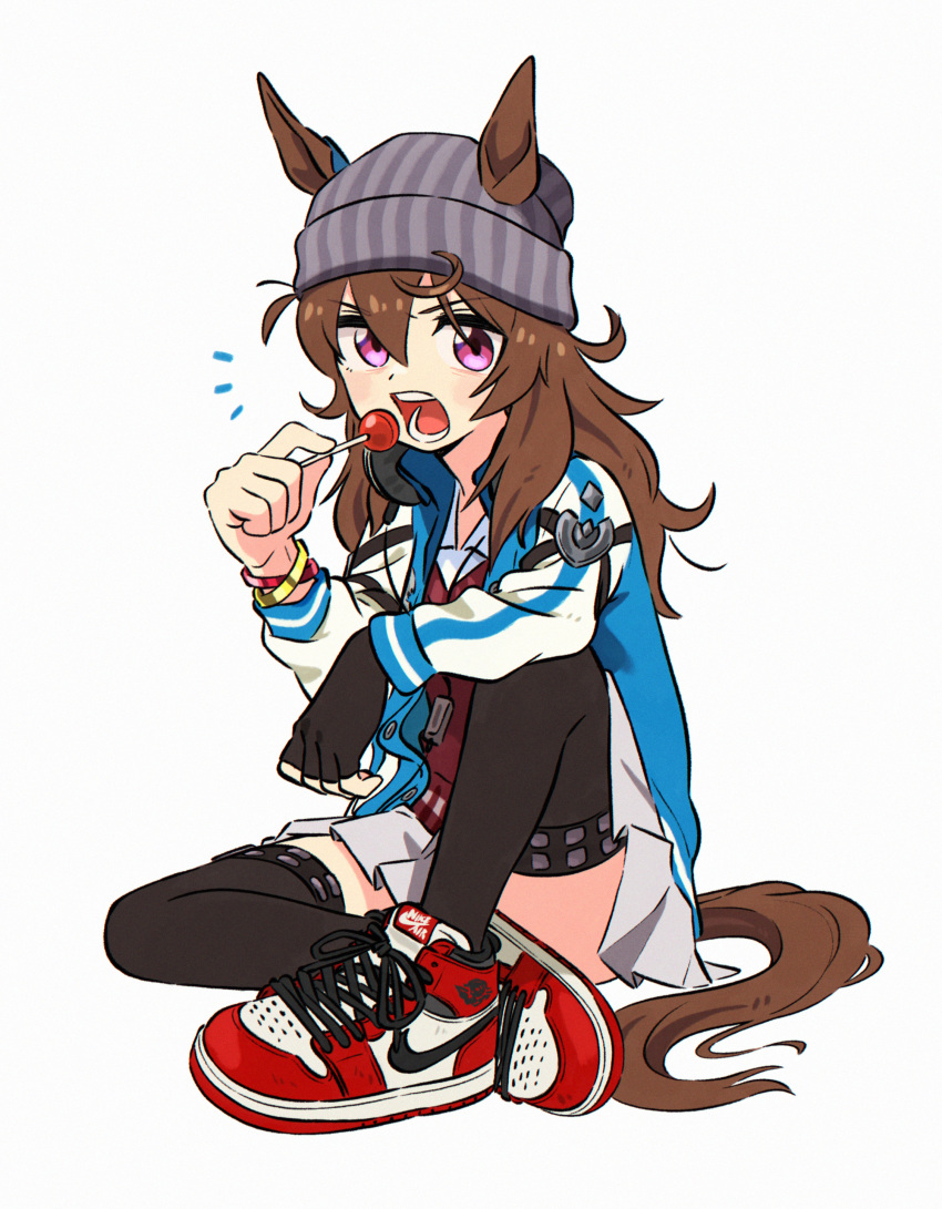 1girl absurdres air_jordan air_jordan_1 animal_ears appleq arm_rest beanie brown_hair candy collared_jacket commentary_request ears_through_headwear fingerless_gloves food full_body gloves hand_up hat headphones headphones_around_neck high_collar highres holding holding_candy holding_food holding_lollipop horse_ears horse_girl horse_tail jacket knee_up lollipop long_hair long_sleeves looking_at_viewer microskirt nakayama_festa_(umamusume) official_alternate_costume open_clothes open_jacket open_mouth pink_eyes pleated_skirt shirt shoes simple_background single_glove sitting skirt solo tail thigh-highs umamusume