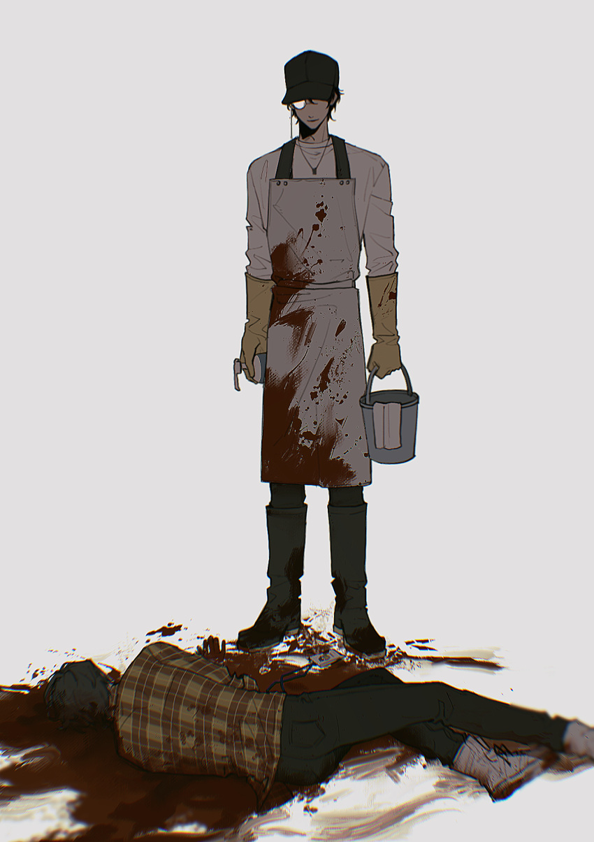 2boys amon_(lord_of_the_mysteries) angel apron black_footwear black_hair black_pants blood blood_on_clothes blood_splatter brown_shirt bucket corpse death gloves hako_iix07 hat highres holding holding_bucket klein_moretti looking_down lord_of_the_mysteries monocle multiple_boys on_ground pants shirt simple_background smile white_apron white_footwear white_shirt yellow_gloves