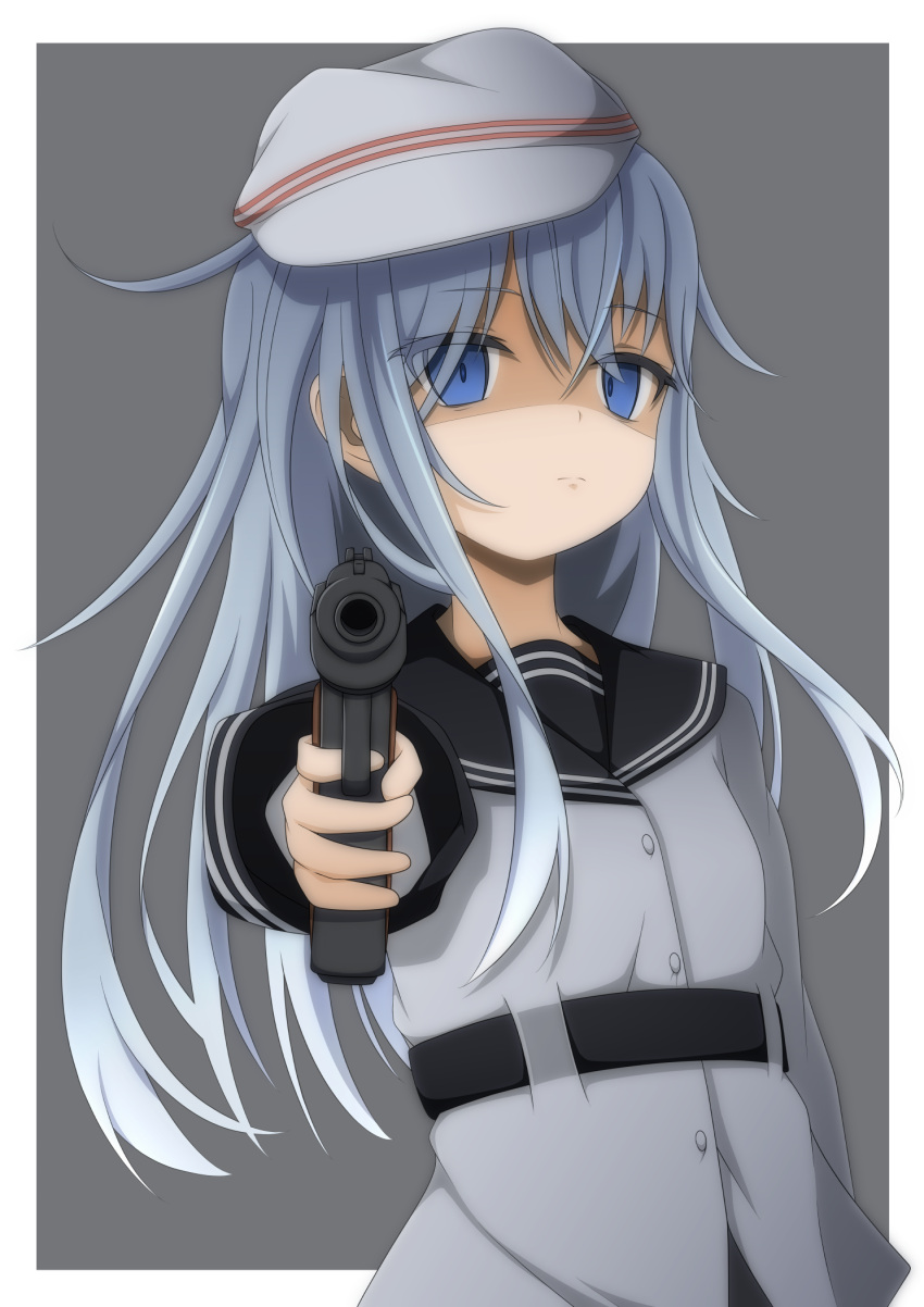 1girl aiming bell_shireikan belt black_belt black_sailor_collar blue_eyes blue_hair flat_cap grey_hair gun hammer_and_sickle hat hibiki_(kancolle) hibiki_(kantai_collection) highres holding kantai_collection light_blue_hair long_hair long_sleeves looking_at_viewer sailor_collar school_uniform serafuku silver_hair solo upper_body verniy_(kancolle) verniy_(kantai_collection) weapon white_headwear