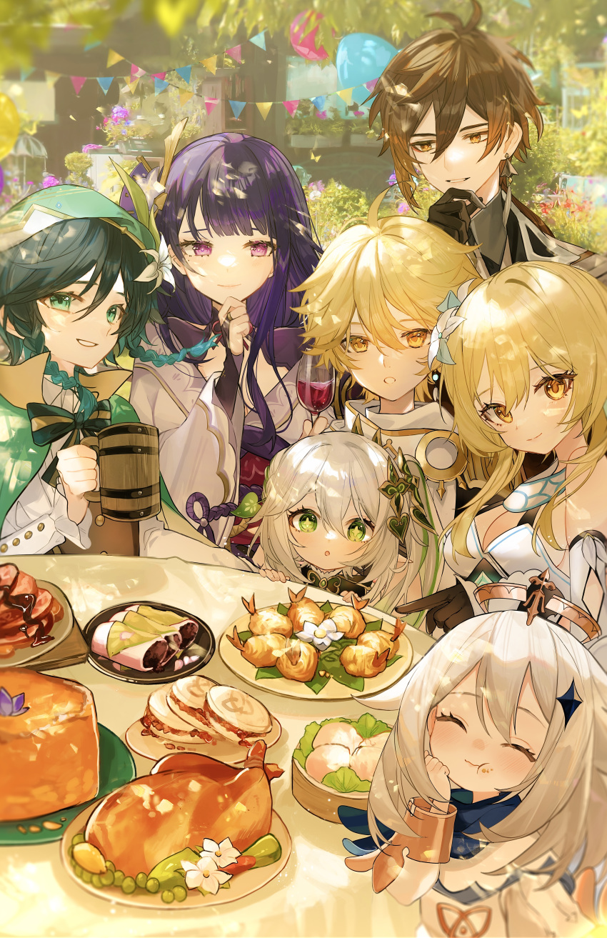 3boys 4girls :t absurdres aether_(genshin_impact) bangs blonde_hair blush braid chicken_(food) closed_eyes closed_mouth commentary_request cross-shaped_pupils cup drink facing_viewer food food_in_mouth food_request genshin_impact glass green_eyes green_hair hair_ornament head_rest highres holding holding_cup holding_drink japanese_clothes kimono leaf_hair_ornament long_hair looking_at_viewer lumine_(genshin_impact) multiple_boys multiple_girls nahida_(genshin_impact) paimon_(genshin_impact) parted_lips plate purple_hair purple_kimono raiden_shogun scarf short_hair side_ponytail sidelocks smile table utsuhostoria venti_(genshin_impact) violet_eyes white_hair white_scarf yellow_eyes zhongli_(genshin_impact)