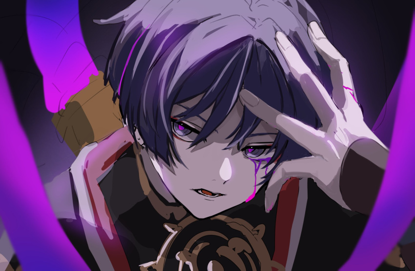 1boy bishounen crying crying_with_eyes_open genshin_impact hand_on_own_head highres japanese_clothes looking_at_viewer male_focus scaramouche_(genshin_impact) shima_usagi solo tears