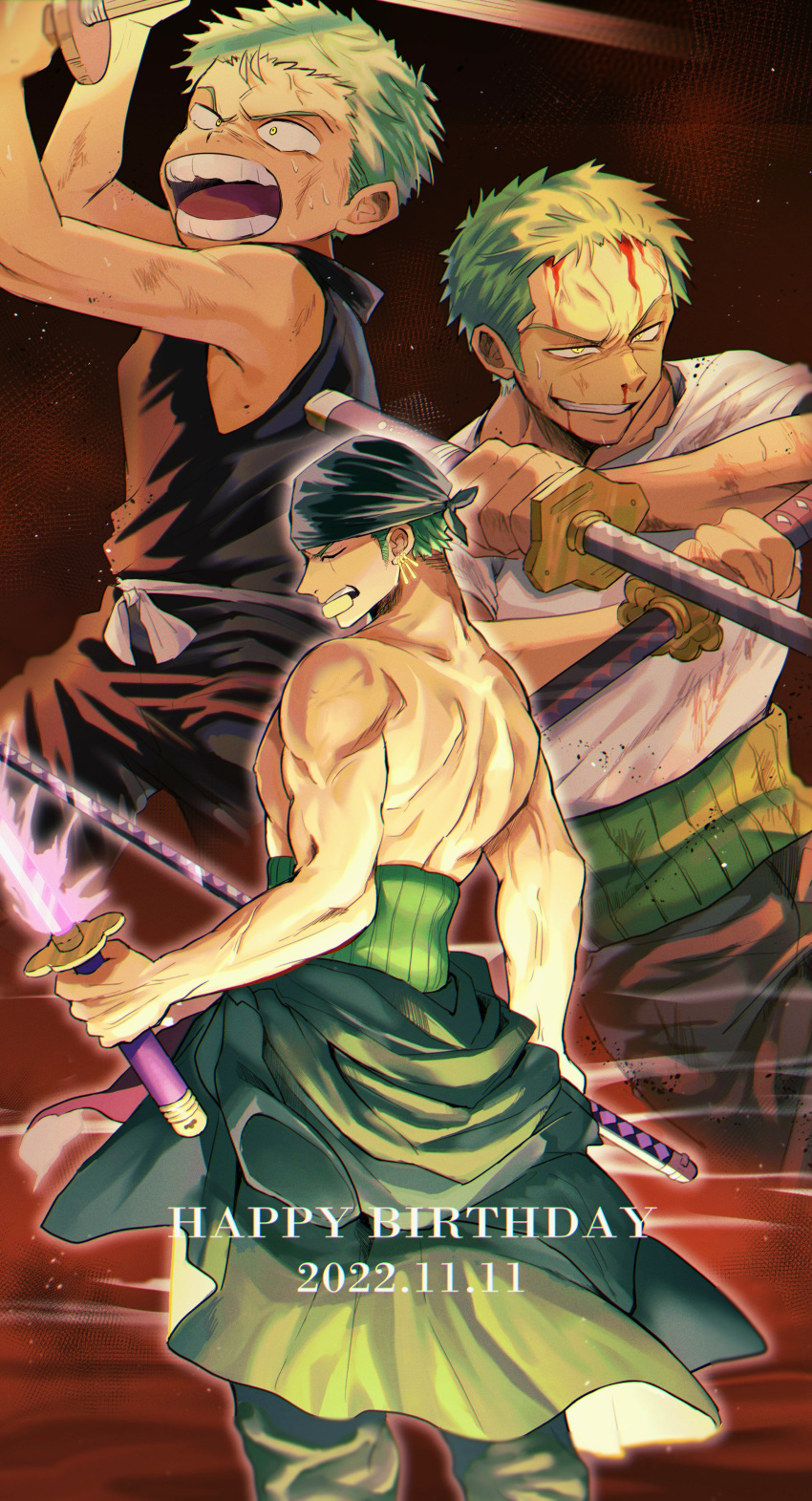 absurdres black_headwear blood blood_on_face dual_wielding fighting from_behind green_hair grin happy_birthday haramaki highres holding holding_sword holding_weapon male_focus minouchi multiple_swords multiple_views muscular muscular_male one_eye_closed one_piece open_mouth roronoa_zoro shirt short_hair sleeveless smile sweat sword topless_male weapon white_shirt yellow_eyes