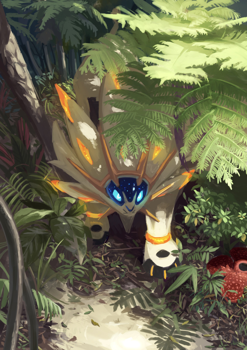 absurdres animal_focus blue_sclera colored_sclera commentary glowing glowing_eyes highres king_joe_(neoroto) leaf no_humans outdoors plant pokemon pokemon_(creature) solgaleo solo standing tree white_eyes