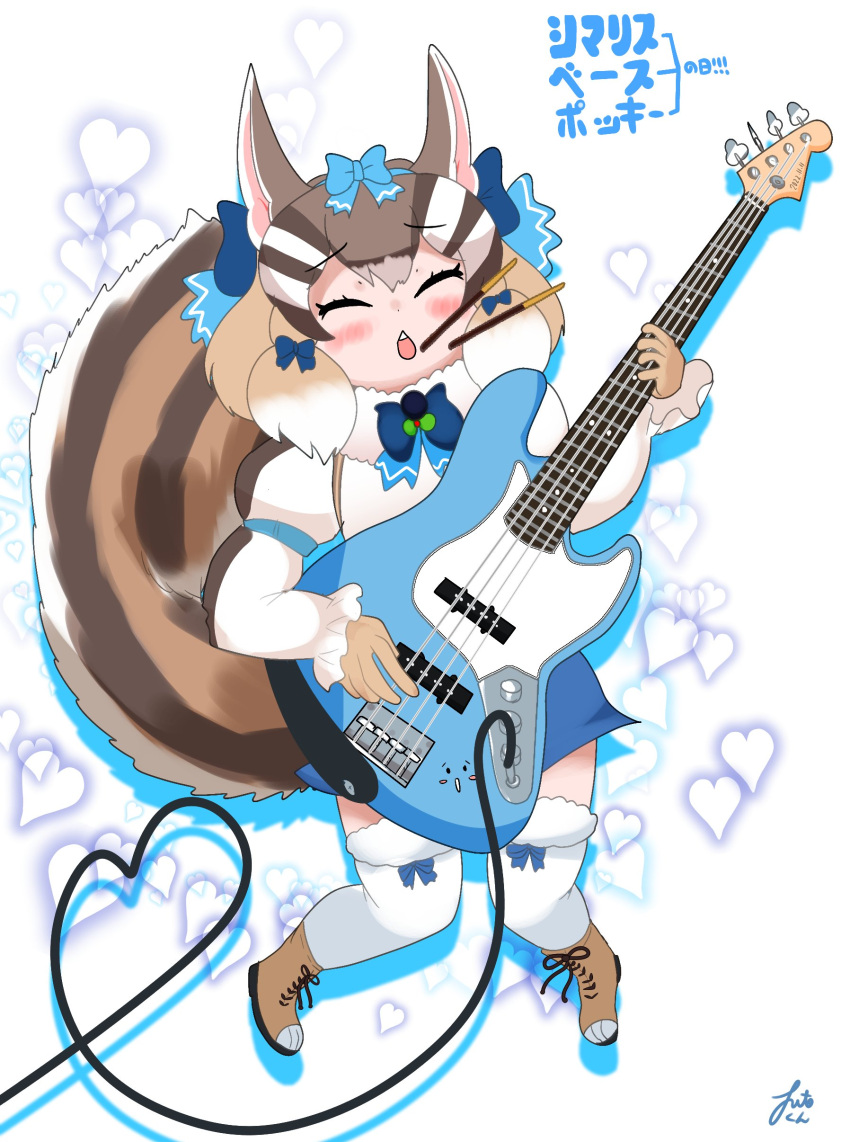 1girl absurdres animal_costume animal_ear_fluff animal_ears boots bow bowtie brown_hair chipmunk_costume chipmunk_ears chipmunk_girl chipmunk_tail extra_ears futo_utsu gloves highres kemono_friends kemono_friends_v_project kneehighs microphone multicolored_hair ribbon scarf shirt short_hair shorts siberian_chipmunk_(kemono_friends) simple_background socks solo tail vest virtual_youtuber