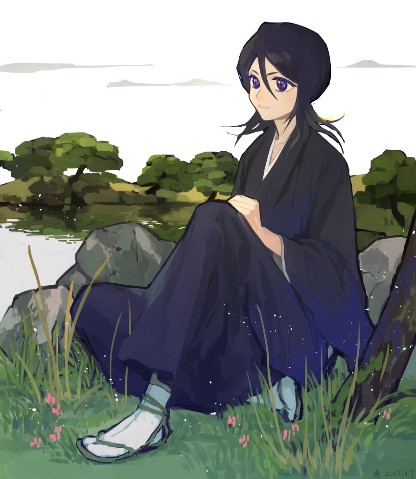 1girl absurdres bangs black_hair black_kimono bleach closed_mouth clouds commentary day female full_body green_footwear hair_between_eyes highres japanese_clothes jou_(jo_jjo) kimono knee_up kuchiki_rukia long_hair long_sleeves looking_away outdoors parted_bangs rock sitting socks solo tabi tree violet_eyes water white_socks wide_sleeves