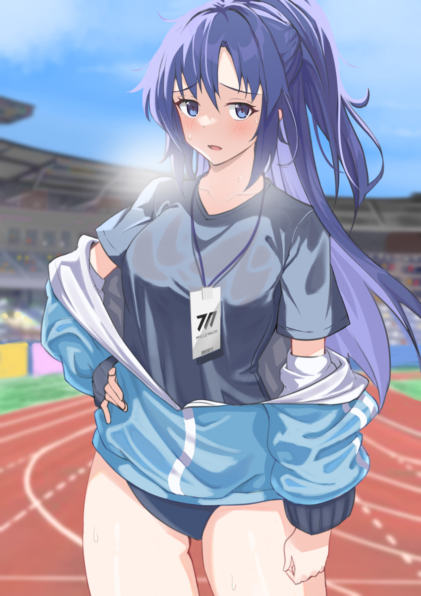 1girl absurdres bangs black_hair blue_archive blue_eyes blurry buruma collarbone commentary_request depth_of_field gym_shirt hair_between_eyes hand_on_hip highres id_card jacket long_hair long_sleeves looking_at_viewer official_alternate_costume olecafe2 parted_bangs ponytail running_track shirt sidelocks solo stadium sweat track_jacket wet wet_clothes yuuka_(blue_archive) yuuka_(gym_uniform)_(blue_archive)