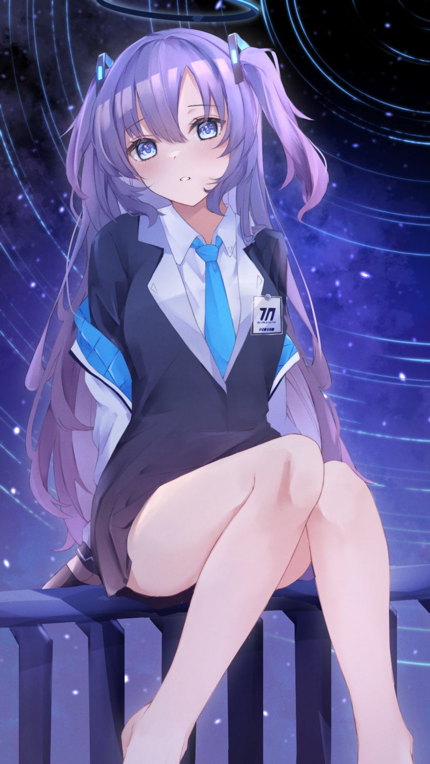 1girl bangs barefoot blazer blue_archive blue_eyes commentary_request hair_between_eyes hair_ornament halo highres hojiro_same id_card jacket long_hair long_sleeves looking_away looking_up necktie night night_sky parted_bangs parted_lips pleated_skirt purple_hair school_uniform sidelocks sitting sitting_on_fence skirt sky solo star_(sky) starry_sky two_side_up yuuka_(blue_archive)