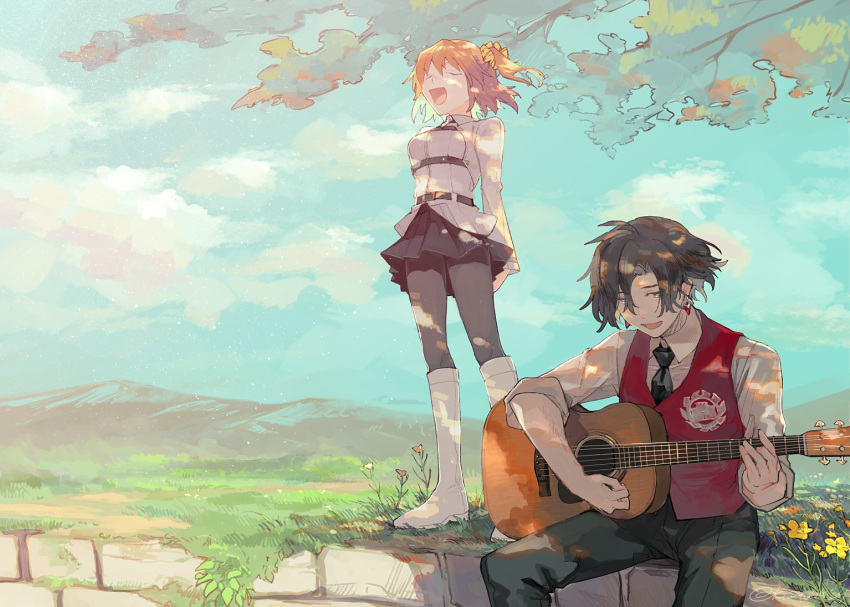 1boy 1girl :d acoustic_guitar black_necktie black_pants black_pantyhose black_skirt boots closed_eyes collared_shirt constantine_xi_(fate) dappled_sunlight day earrings fate/grand_order fate_(series) feet_out_of_frame flower fujimaru_ritsuka_(female) full_body grass grey_eyes guitar hair_between_eyes instrument jewelry kitada mountain music necktie orange_hair pants pantyhose playing_instrument red_vest shirt short_hair side_ponytail sitting skirt sleeves_rolled_up smile standing sunlight tree vest white_footwear white_shirt yellow_flower