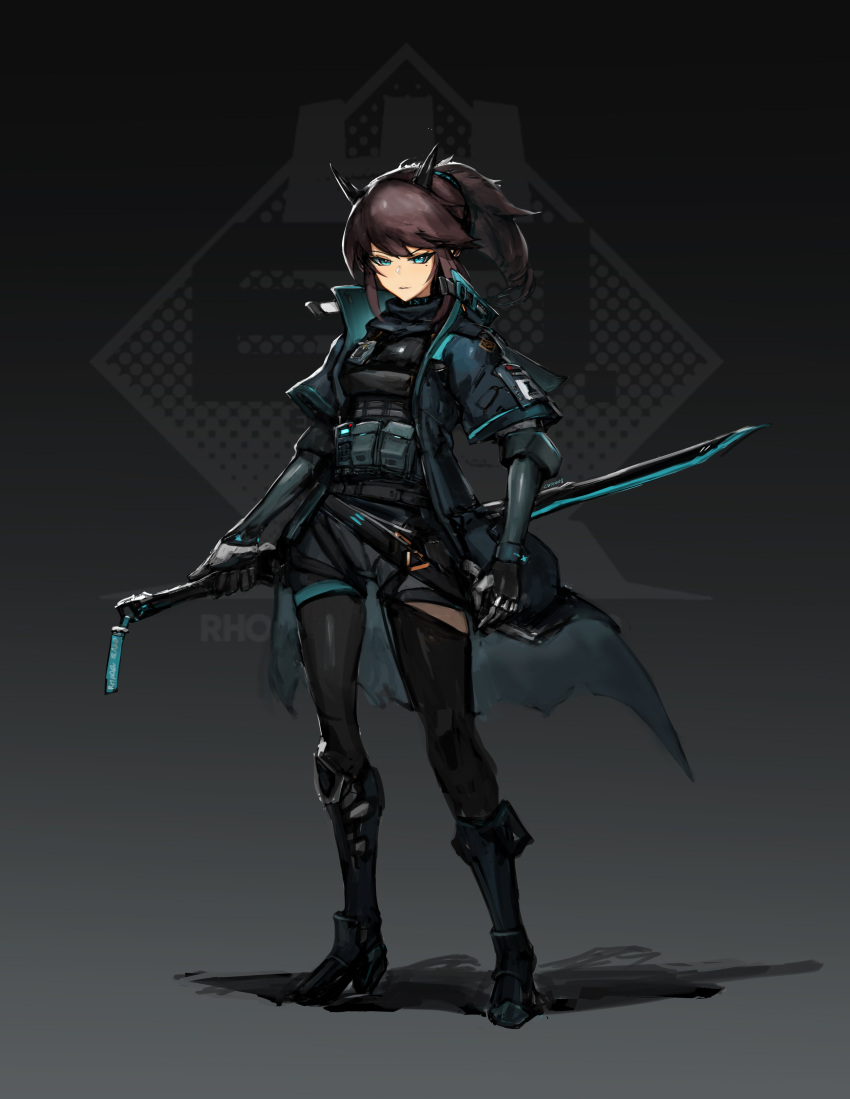 1girl absurdres arknights armored_boots belt_pouch black_coat black_gloves black_pantyhose black_shorts blue_eyes boots brown_hair closed_mouth coat cwosant elbow_gloves full_body gloves highres holding holding_sword holding_weapon horns katana long_hair long_sleeves looking_at_viewer mole mole_under_eye pantyhose ponytail pouch reverse_grip shorts solo standing sword weapon yato_(arknights)