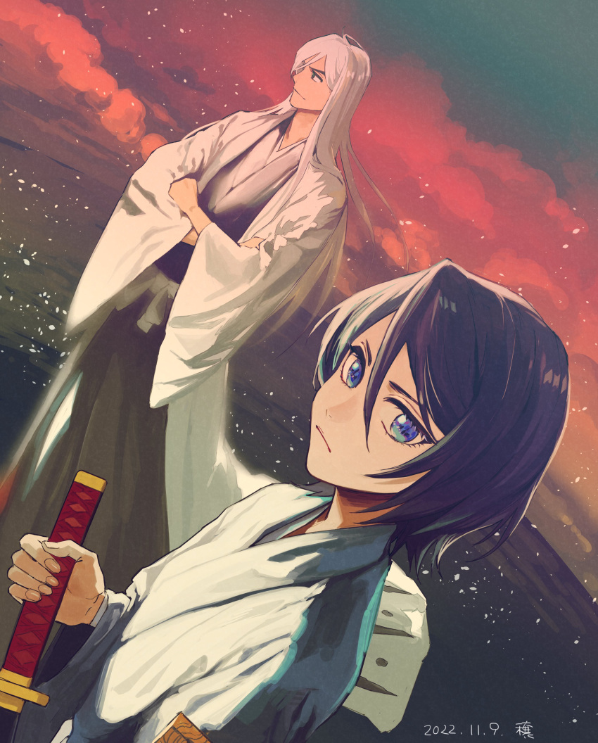1boy 1girl absurdres bangs black_hair black_kimono bleach blue_eyes blue_sky closed_mouth clouds cloudy_sky commentary_request dated grey_hair hair_between_eyes highres holding holding_sword holding_weapon japanese_clothes jou_(jo_jjo) katana kimono kuchiki_rukia long_hair long_sleeves looking_at_viewer looking_away open_clothes outdoors parted_bangs sheath sheathed sky sunset sword ukitake_juushirou very_long_hair weapon wide_sleeves