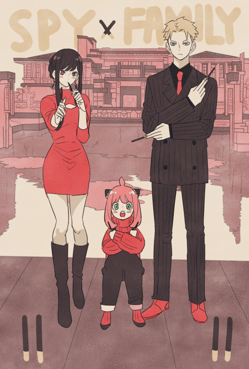 1boy 2girls ahoge alternate_costume anya_(spy_x_family) black_footwear black_hair black_pants black_suit blonde_hair blue_eyes blush blush_stickers boots breasts building cleavage_cutout closed_mouth clothing_cutout collared_shirt commentary copyright_name dated dated_commentary dress dress_shirt earrings food formal full_body green_eyes highres holding holding_food holding_pocky horn_ornament horns jewelry knee_boots looking_at_viewer medium_breasts medium_hair multiple_girls necktie open_mouth outdoors pants pencil_dress pink_hair pocky pocky_day red_dress red_eyes red_footwear red_necktie red_sweater ribbed_sweater shirt shoes short_dress short_hair short_hair_with_long_locks sidelocks spy_x_family standing striped striped_pants striped_shirt suit sweater takeuchi_ryousuke turtleneck turtleneck_sweater twilight_(spy_x_family) vertical-striped_pants vertical-striped_shirt vertical_stripes water wing_collar yor_briar