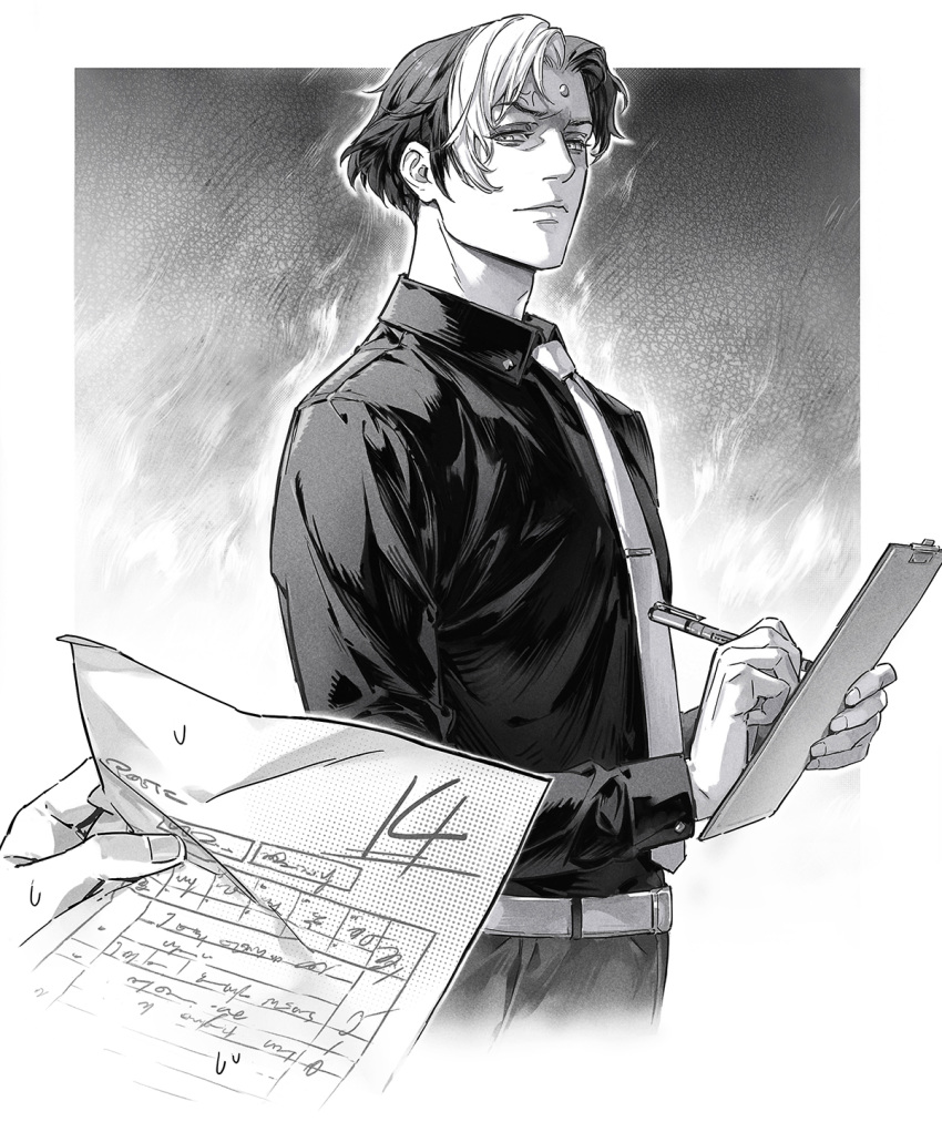 bangs belt black_shirt border clipboard collared_shirt cowboy_shot disdain emet-selch feet_out_of_frame fiery_background final_fantasy final_fantasy_xiv fire forehead_jewel gradient gradient_background greyscale highres holding holding_clipboard holding_paper long_sleeves looking_at_viewer male_focus monochrome multicolored_hair necktie panties paper parted_bangs shirt short_hair teacher_and_student test two-tone_hair underwear white_belt white_necktie writing yufy