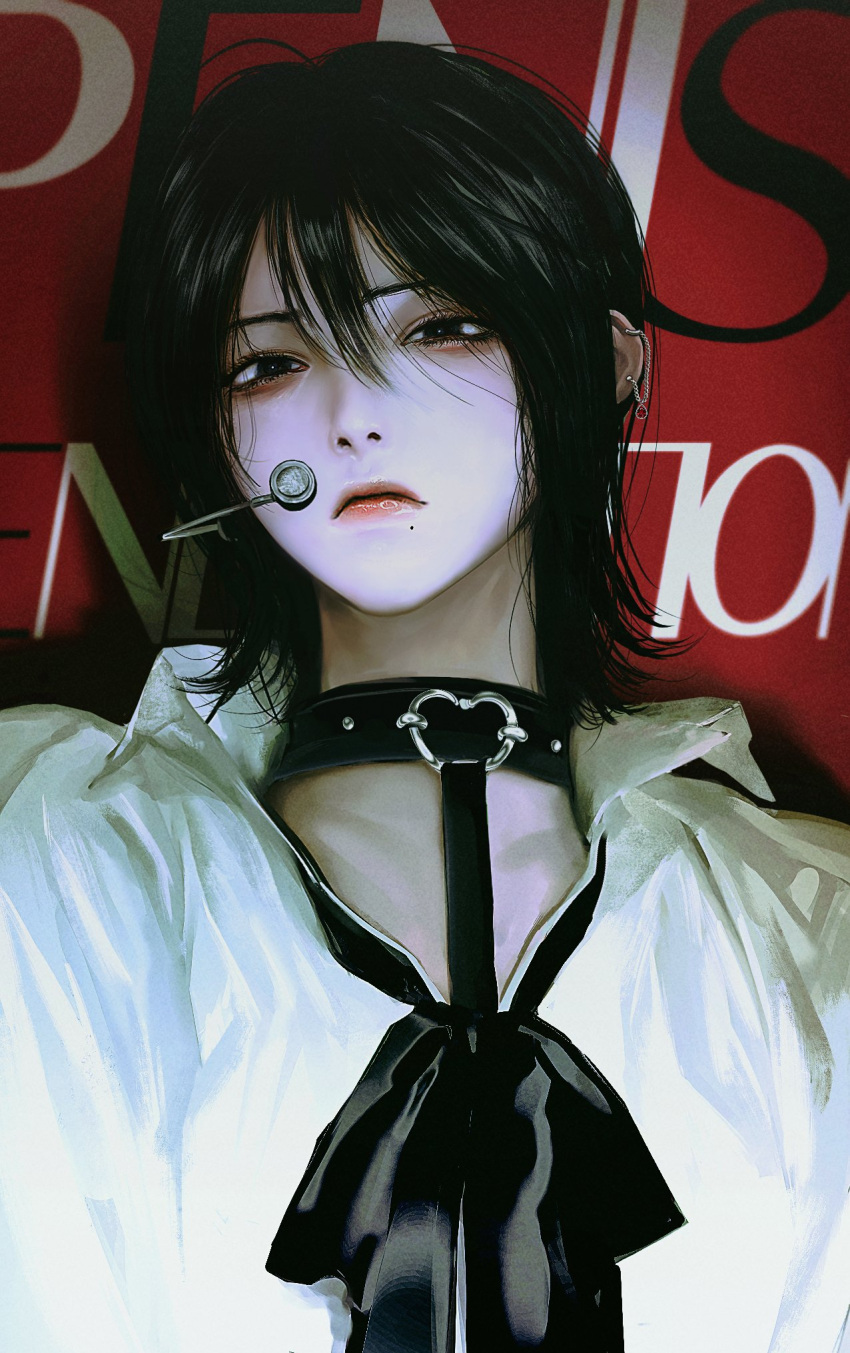 1boy androgynous bags_under_eyes bangs black_bow black_bowtie black_hair bow bowtie choker closed_mouth collarbone collared_shirt duckchuni ear_piercing eyelashes hair_between_eyes headset heart_o-ring highres linked_piercing looking_at_viewer male_focus mole mole_under_mouth original pale_skin piercing portrait red_background red_lips shirt solo white_shirt