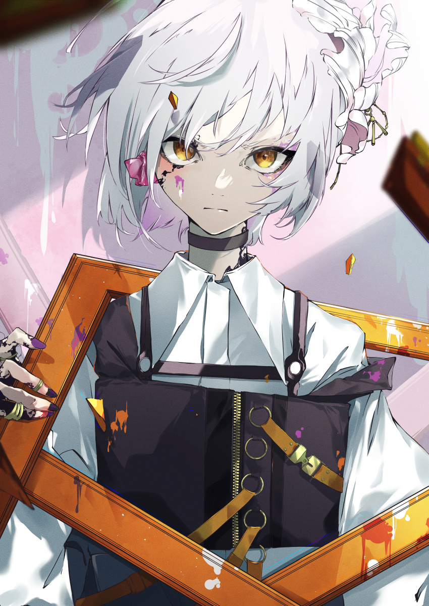 1girl absurdres bangs belt_collar collar daichi eyebrows_hidden_by_hair flower grey_hair hair_between_eyes hair_flower hair_ornament highres holding jacket jewelry looking_at_viewer nail original paint ring short_hair solo upper_body yellow_eyes