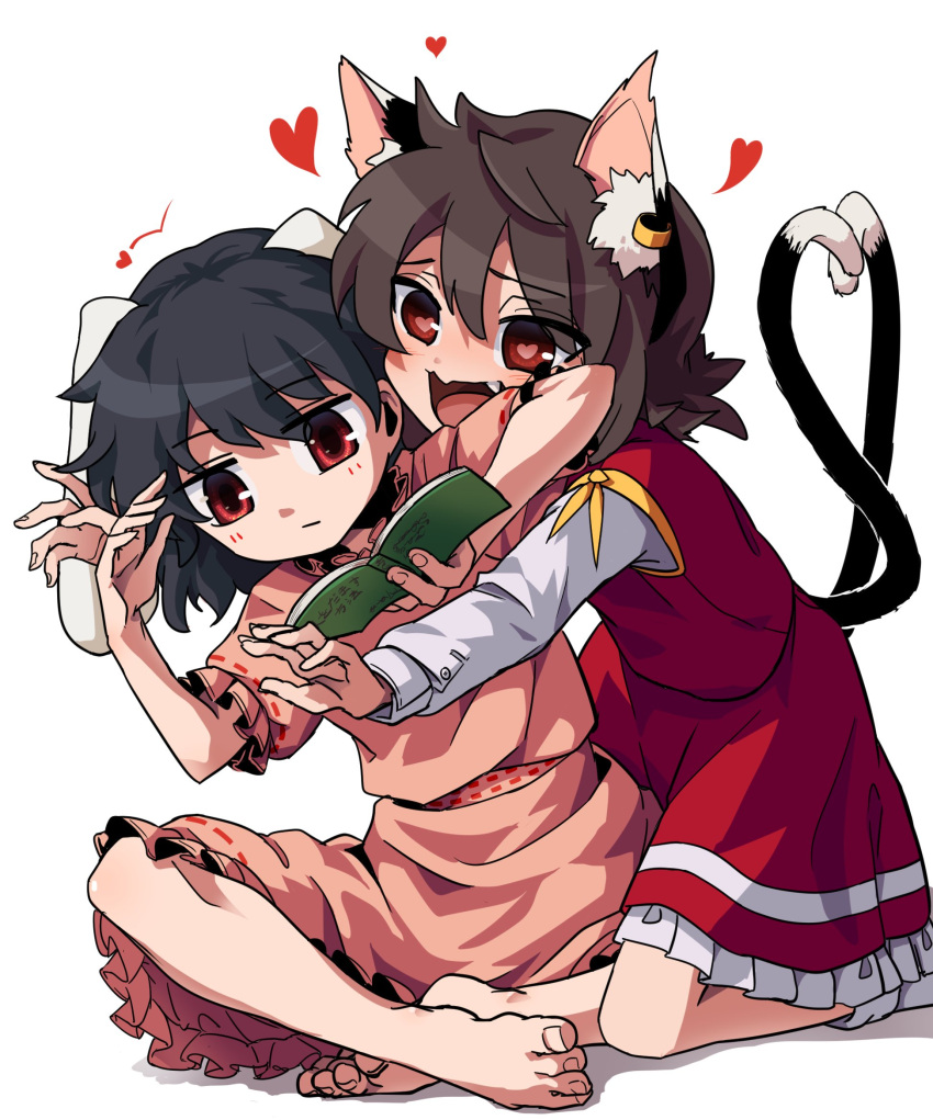 2girls :/ :d animal_ears barefoot black_hair book cat_ears chen dress eyes_visible_through_hair floppy_ears heart heart-shaped_pupils heart_tail highres inaba_tewi kneeling kusiyan lovestruck multiple_girls nekomata no_headwear pink_dress rabbit_ears reaching reading red_eyes sitting smile spoken_heart symbol-shaped_pupils tail toenails toes touhou uninterested yuri