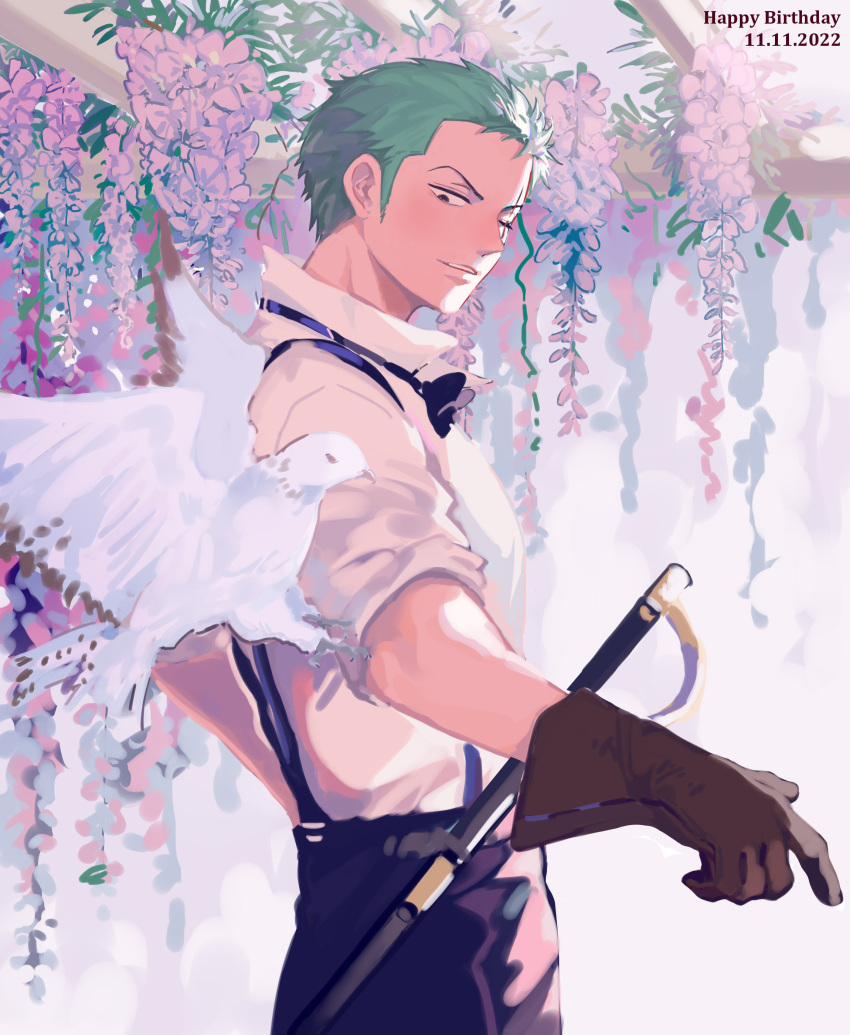 1boy absurdres animal bird bow flower from_side gloves green_hair hand_up happy_birthday highres light_smile male_focus one_eye_closed one_piece plant roronoa_zoro scar scar_across_eye sheath sheathed shirt short_hair sleeves_rolled_up solo suspenders sword towne weapon white_bird white_shirt wisteria