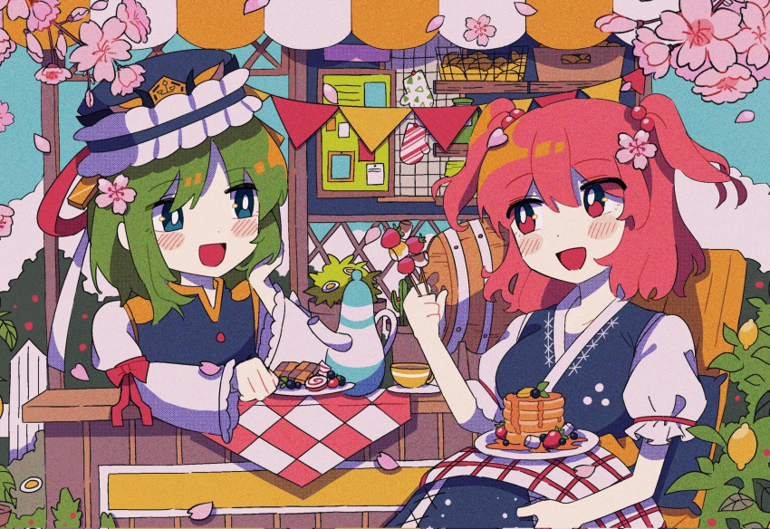 2girls :d balance_scale blue_eyes blue_headwear blue_sky bright_pupils cherry_blossoms flower food frilled_hat frills fruit green_hair hair_bobbles hair_ornament hat highres juliet_sleeves lemon long_sleeves looking_at_another mittens multiple_girls onozuka_komachi open_mouth outdoors pancake pink_flower puffy_sleeves rbfnrbf_(mandarin) red_eyes redhead shiki_eiki short_sleeves sitting sky smile table teapot touhou two_side_up weighing_scale white_pupils