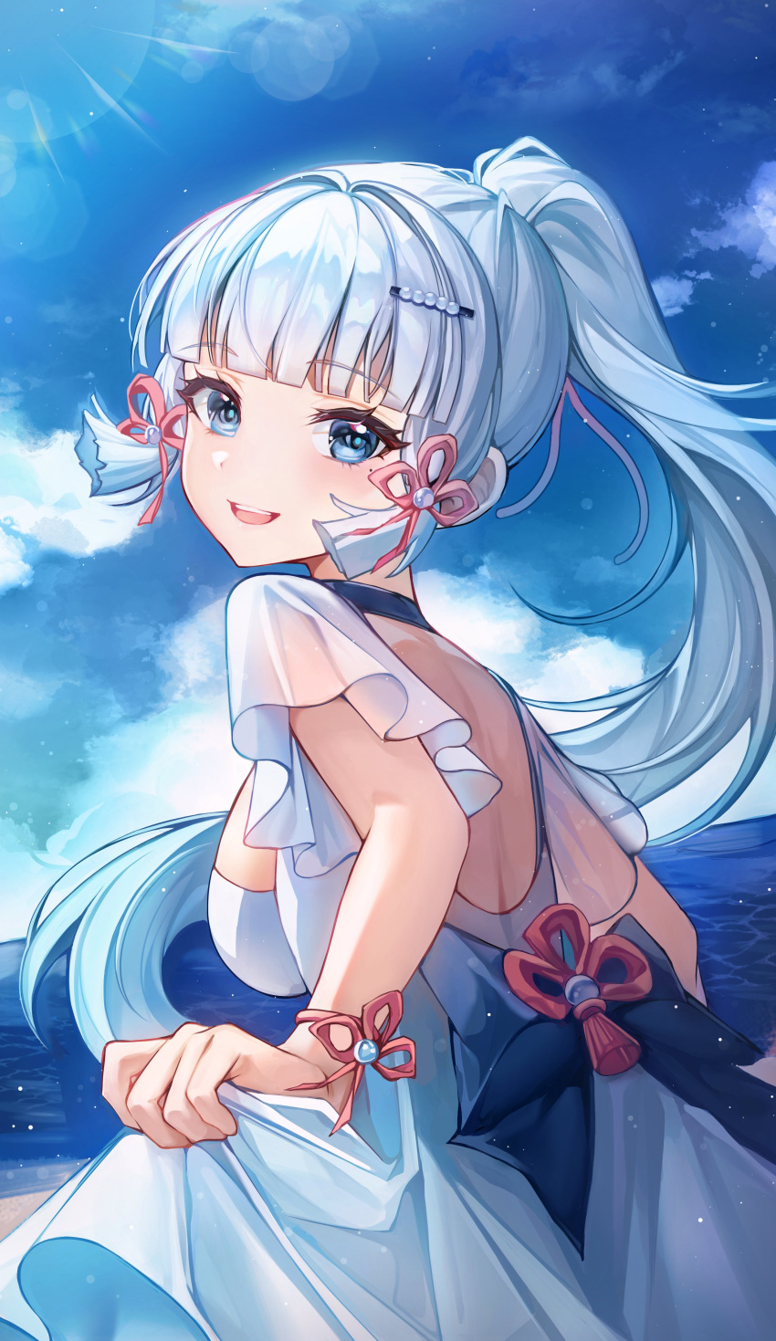 1girl absurdres back_bow backless_dress backless_outfit bangs beach blue_bow blue_eyes blue_sky blunt_bangs blush bow cowboy_shot day dress from_side genshin_impact hair_ornament hairclip highres holding holding_clothes holding_dress kamisato_ayaka long_hair looking_at_viewer ocean open_mouth ponytail see-through see-through_sleeves shiny shiny_hair sky smile solo standing sunlight white_dress wooni_(wooni_0818)