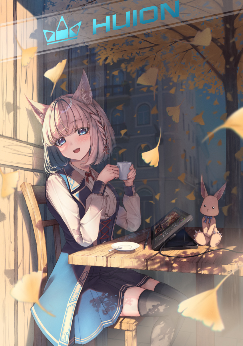 1girl :d amane_utata animal animal_ears artist_name bangs black_thighhighs blue_coat blue_eyes blue_skirt blunt_bangs blush braid building chair coat collared_shirt commentary_request corset cup drawing_tablet falling_leaves feet_out_of_frame hair_ribbon hands_up head_tilt highres holding holding_cup huion leaf long_sleeves looking_at_viewer looking_to_the_side making-of_available mug neck_ribbon open_mouth original outdoors pleated_skirt puffy_long_sleeves puffy_sleeves rabbit red_ribbon ribbon ribbon_braid saucer shirt short_hair sitting skirt sleeve_cuffs sleeveless_coat smile solo stylus table teaspoon thigh-highs thighhighs tree twitter_username white_shirt