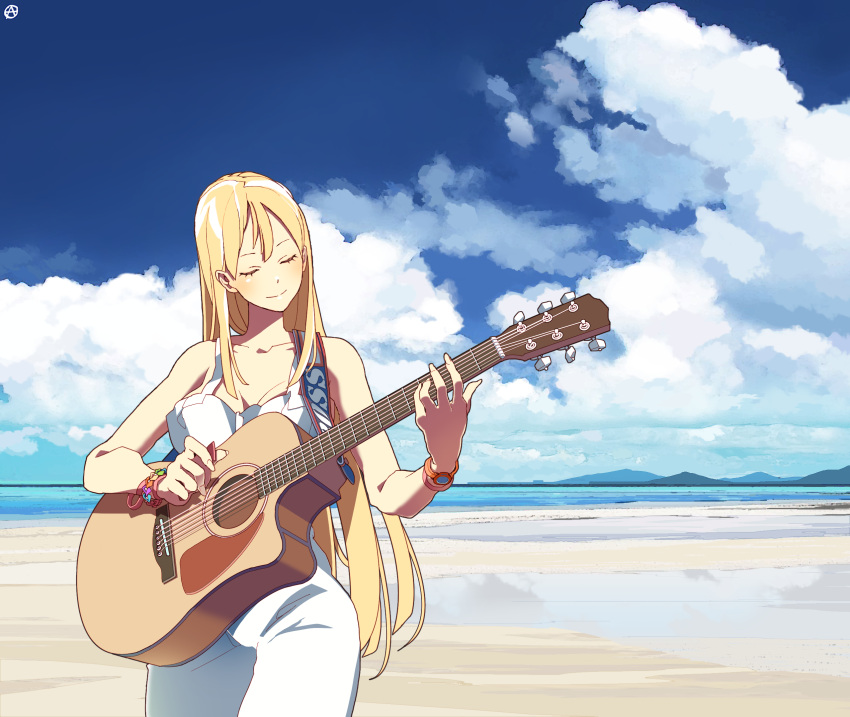acoustic_guitar bare_shoulders beach blonde_hair blue_sky bracelet circle_a closed_eyes closed_mouth clouds cloudy_sky commentary_request day dress guitar halterneck highres holding holding_instrument instrument jewelry landscape long_hair mountain mountainous_horizon music ocean original playing_instrument plectrum seascape sky sleeveless sleeveless_dress smile sundress very_long_hair white_dress