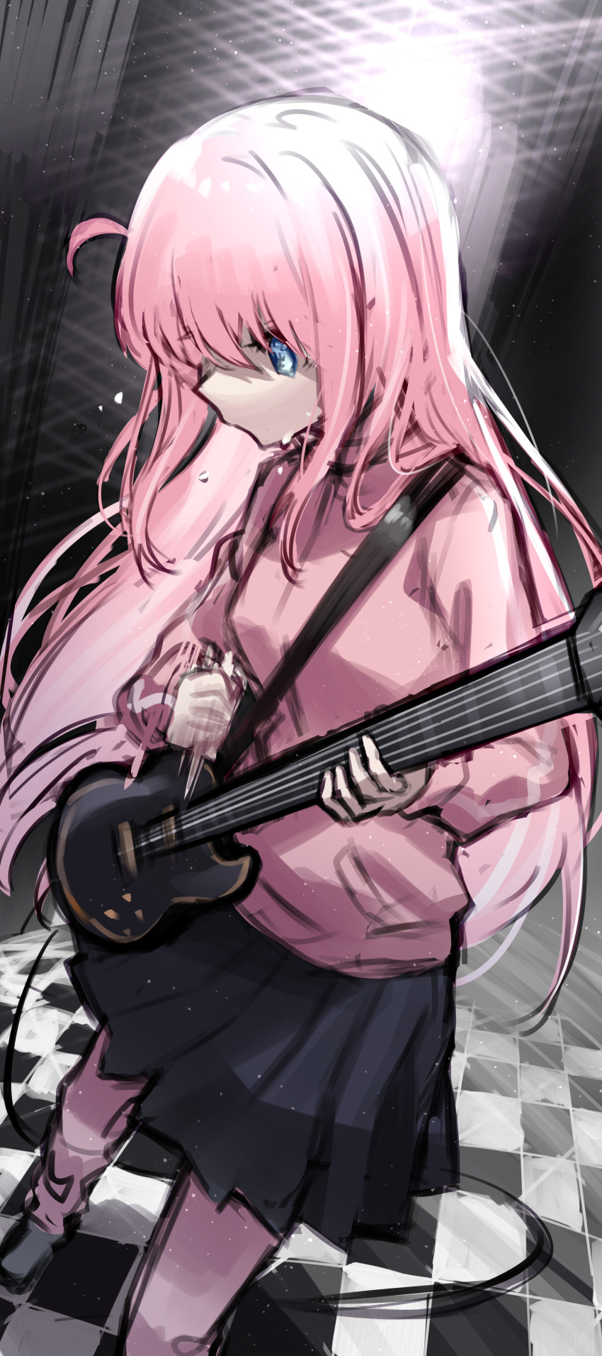1girl absurdres bangs black_skirt blue_eyes bocchi_the_rock! checkered_floor closed_mouth daifuku_(tkja3555) electric_guitar floor gibson_les_paul gotou_hitori guitar highres holding holding_instrument instrument jacket jersey long_hair music pants pants_under_skirt pink_hair pink_jacket pink_pants plaid plaid_skirt playing_instrument pleated_skirt skirt solo track_jacket