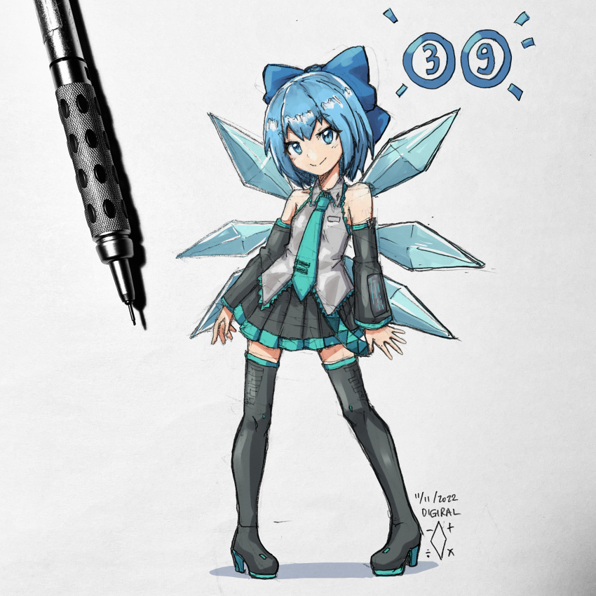 1girl absurdres bare_shoulders black_footwear black_skirt black_sleeves blue_bow blue_eyes blue_hair blue_necktie boots bow circled_9 cirno closed_mouth detached_sleeves digiral graphite_(medium) grey_shirt hair_bow hatsune_miku highres ice ice_wings necktie pleated_skirt shirt short_hair skirt sleeveless sleeveless_shirt smile solo thigh_boots touhou traditional_media vocaloid vocaloid_boxart_pose wings